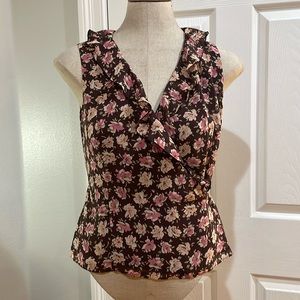 Ann Taylor loft wrap blouse ruffle floral V-neck sleeveless Brown pink size 2